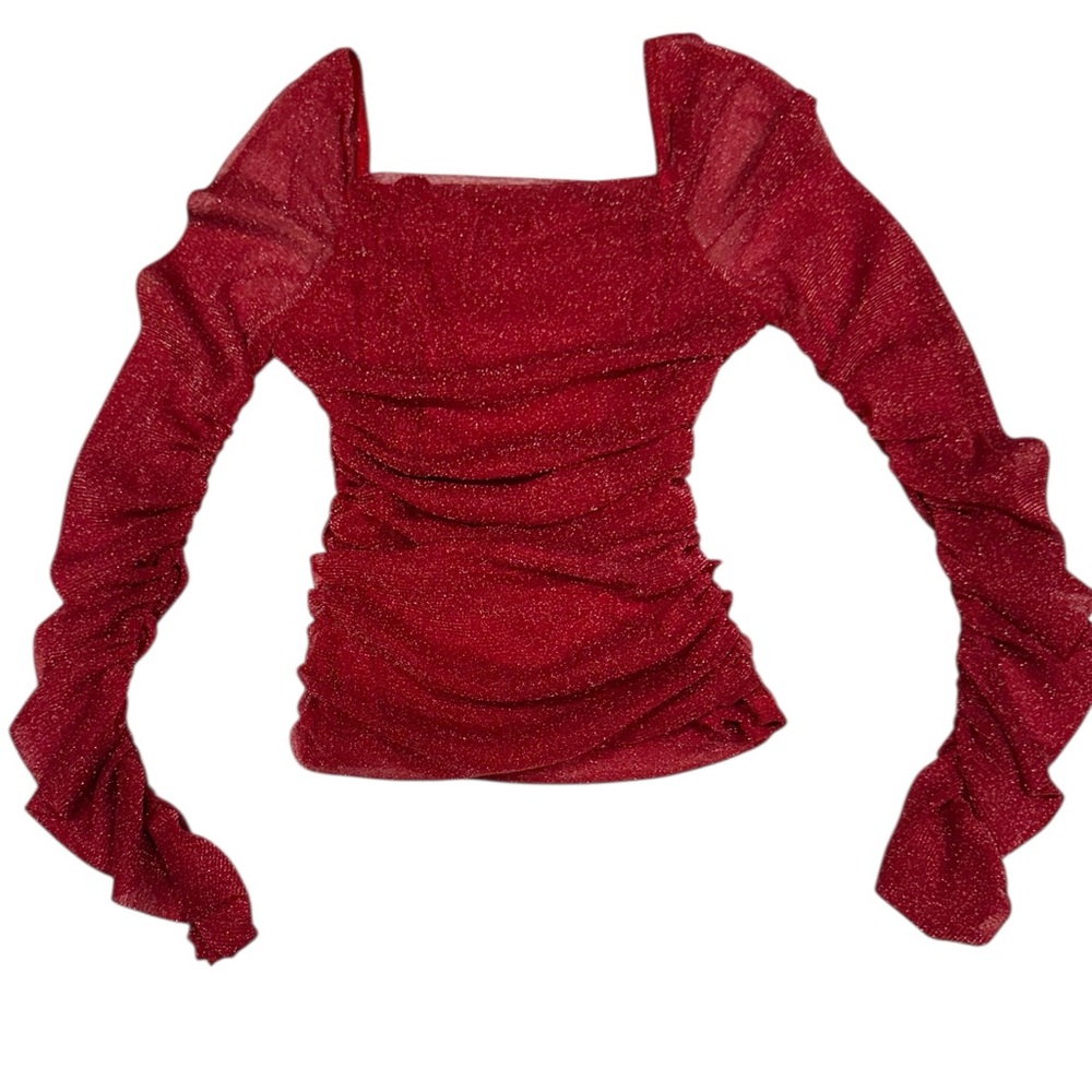 SHEIN Vibrant Bling Sparkle Semi Sheer Ruched Long Sleeve Red Top 2XL